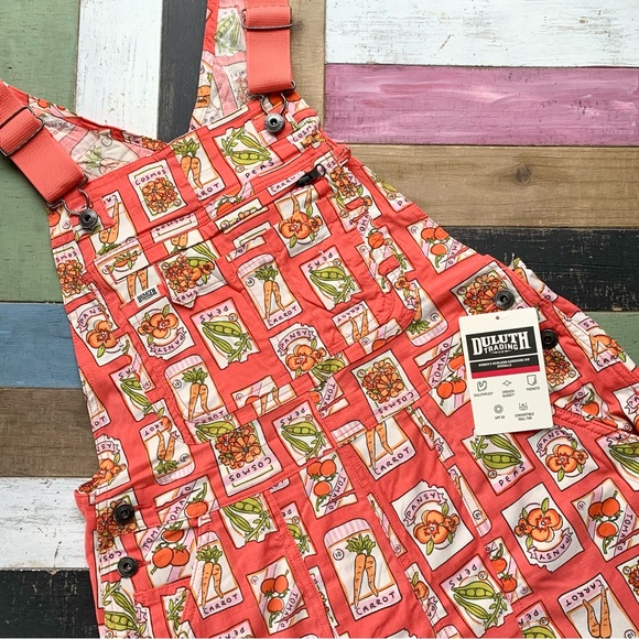 NWT Duluth Small x35L Heirloom Gardening Bib Overalls Coral Seed Packets Farming - Picture 5 of 9